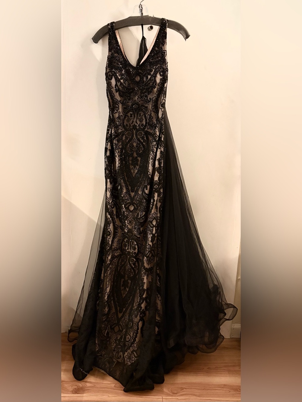 Black Beaded Lace Gown with Detachable Sheer Tulle Overlay